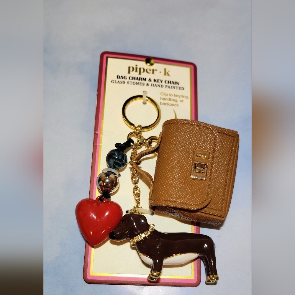Piper K Bag Charm Keychain Dachshund Weiner Dog Heart Purse Faux Leather NWT